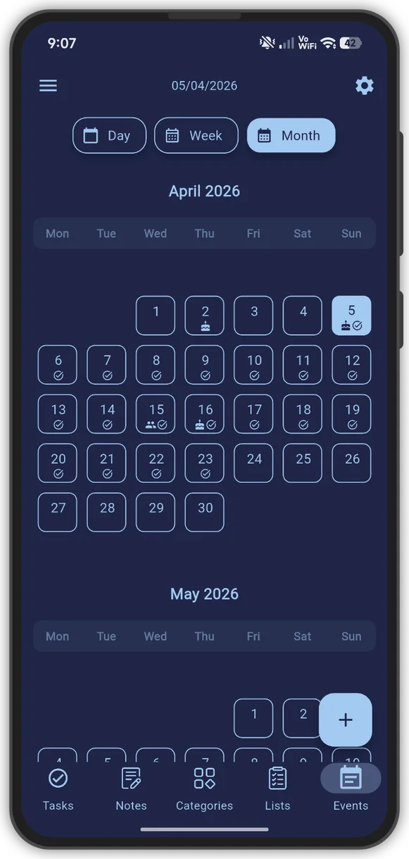 My Tasks calendar view in dark theme — events stored on-device, no internet needed