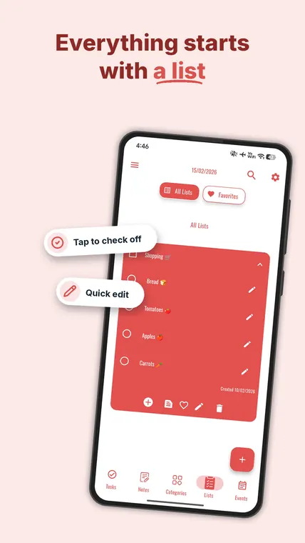 Coral custom theme in My Tasks — shopping checklist