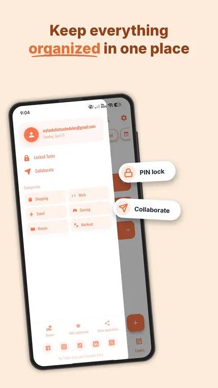 My Tasks — categories, PIN lock and collaboration menu