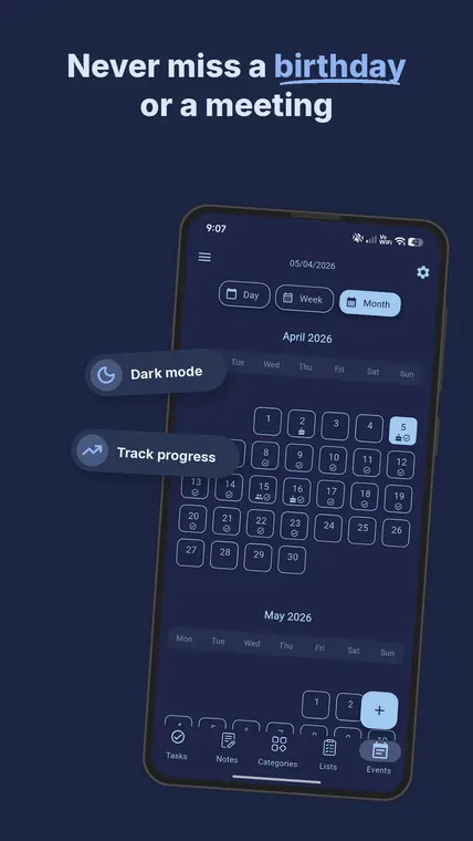 My Tasks — month calendar with birthdays in dark mode