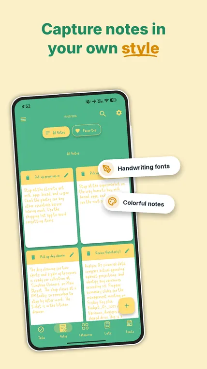 Green and yellow custom theme in My Tasks — notes in a handwriting-style font