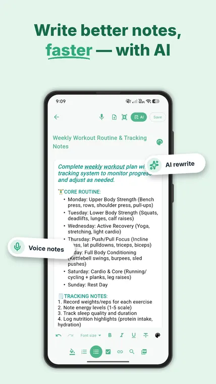 My Tasks — notes editor with AI rewrite and voice notes